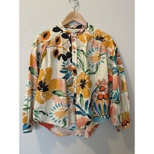 Anthropologie XS Womens Crisanta Poplin Button Down Shirt Floral Bright Art
